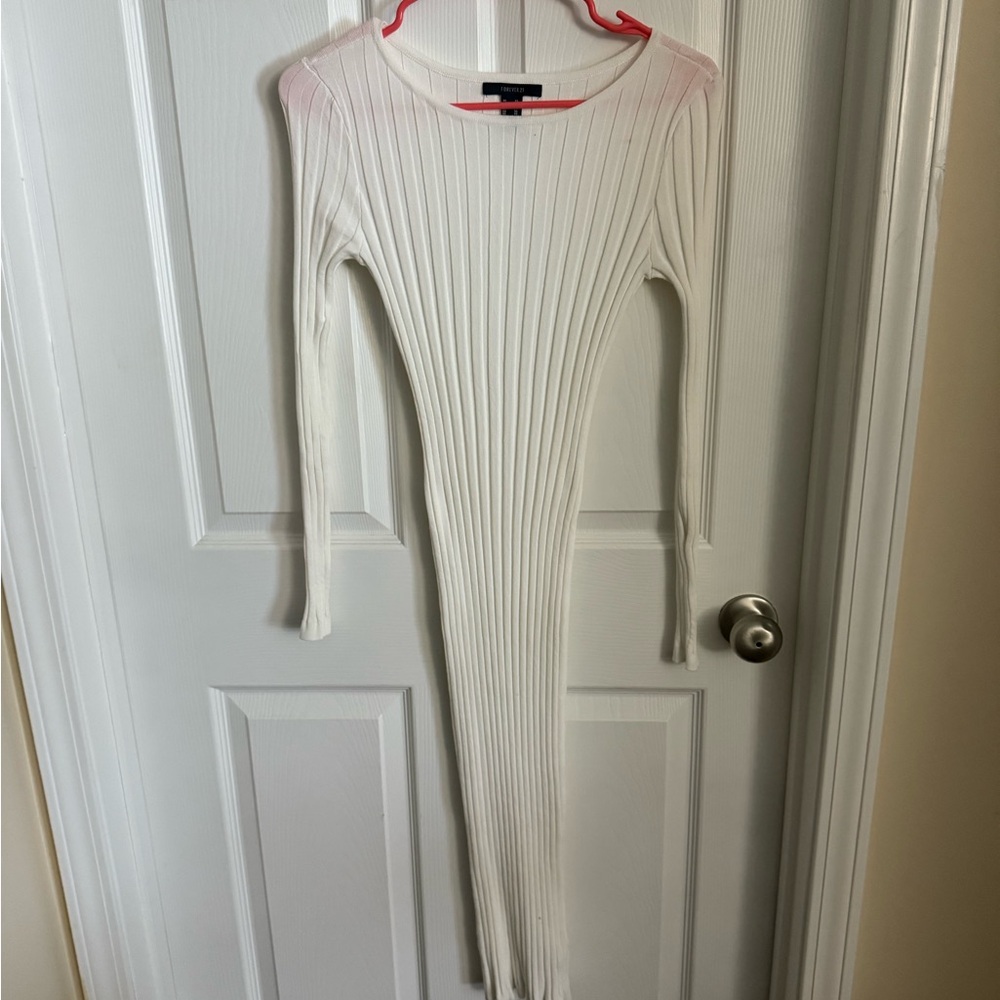 Forever 21 White Long Sleeve Ribbed Dress
